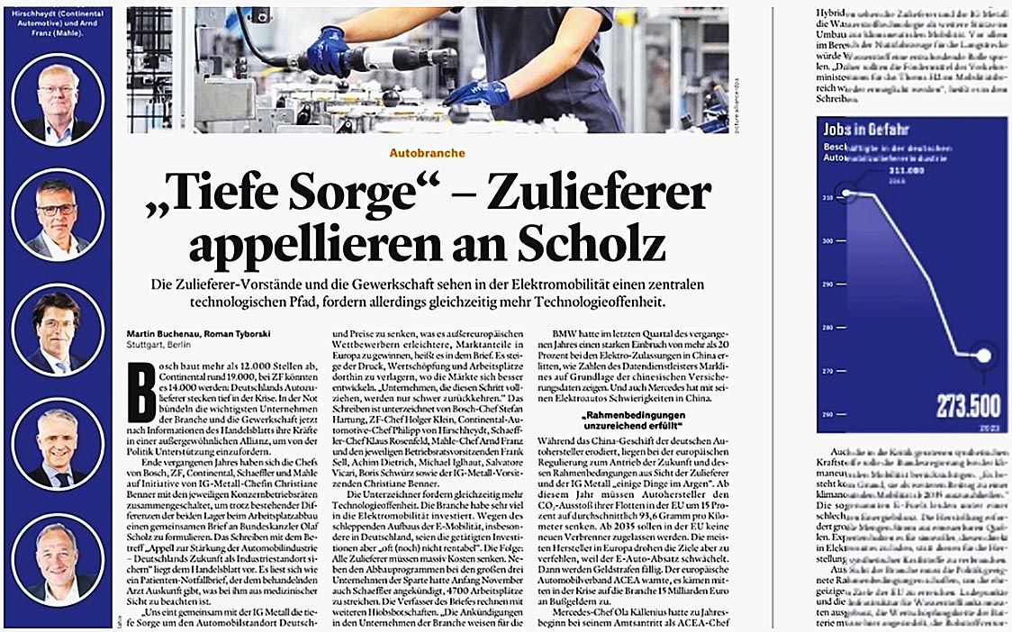 (写真1)HB紙が報じたサプライヤー大手5社の直訴の様子。記事タイトルは「深い懸念」。右側のグラフで、サプライヤー業界の従業員数が急速に減少したことを示した。